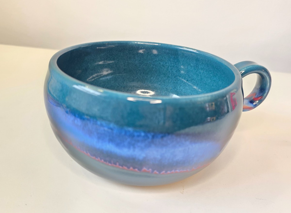 Vintage Signed Robinson Studio Art Pottery Wide Soup Mug Teal Blue Drip Glaze